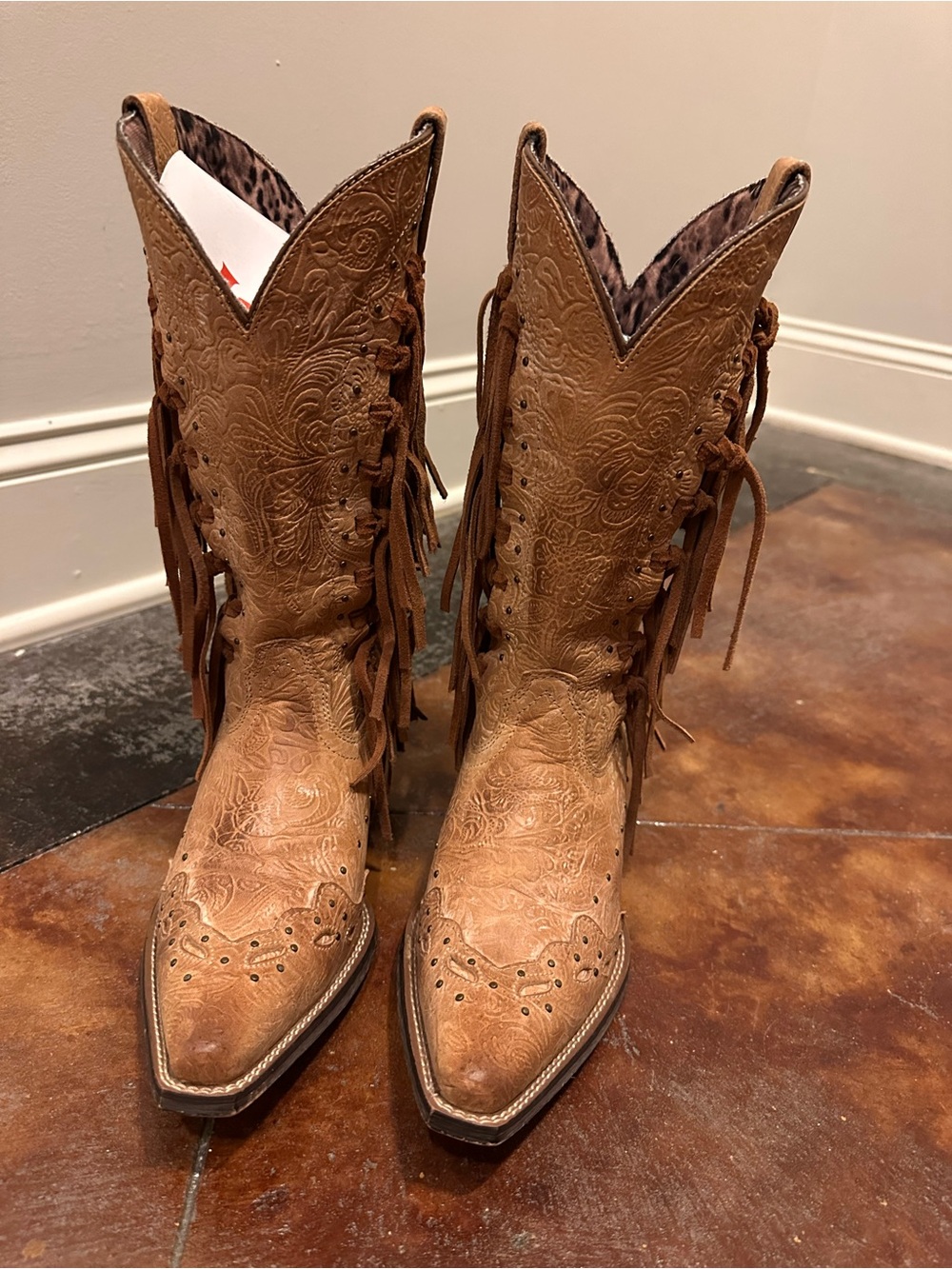 Laredo Women’s Fringe Tan Cowboy Boots Lined with Leopard - Picture 5 of 7